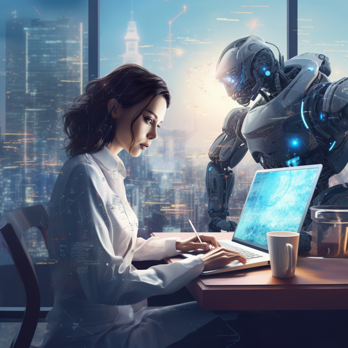 Eine Frau sitzt in Büro und nutz Künstliche Intelligenz, neben ist ein Robot