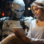 Eine blonde Frau sitzt neben ein Robot